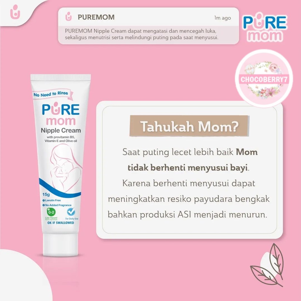 Pure Mom Nipple Cream 15 g PUREMOM Krim Puting Luka Lecet Menyusui