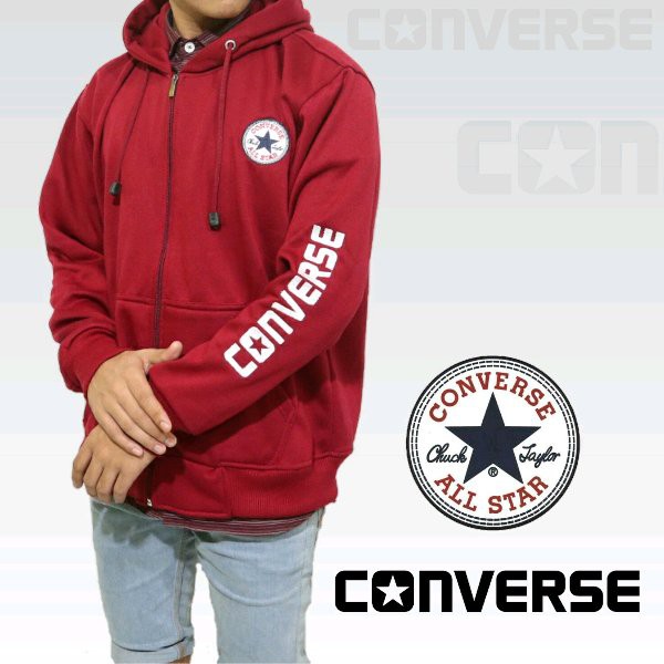 jaket sweater zipper hoodie pria converse maroon