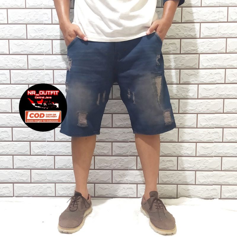 Ripped Jeans Pendek Pria Premium V-RVN Biowash Bioblits Brown Jumbo Big Size 27-38