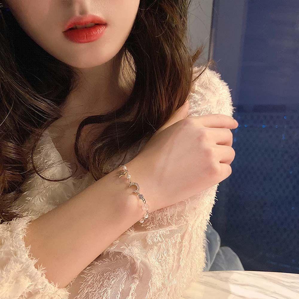 Agustinina Gelang Bulan Bintang Bohemian Kepribadian Temperamen Mutiara Untuk Perempuan Bunga Perhiasan Fashion Manik Batu Minimalis Gelang Gaya Korea