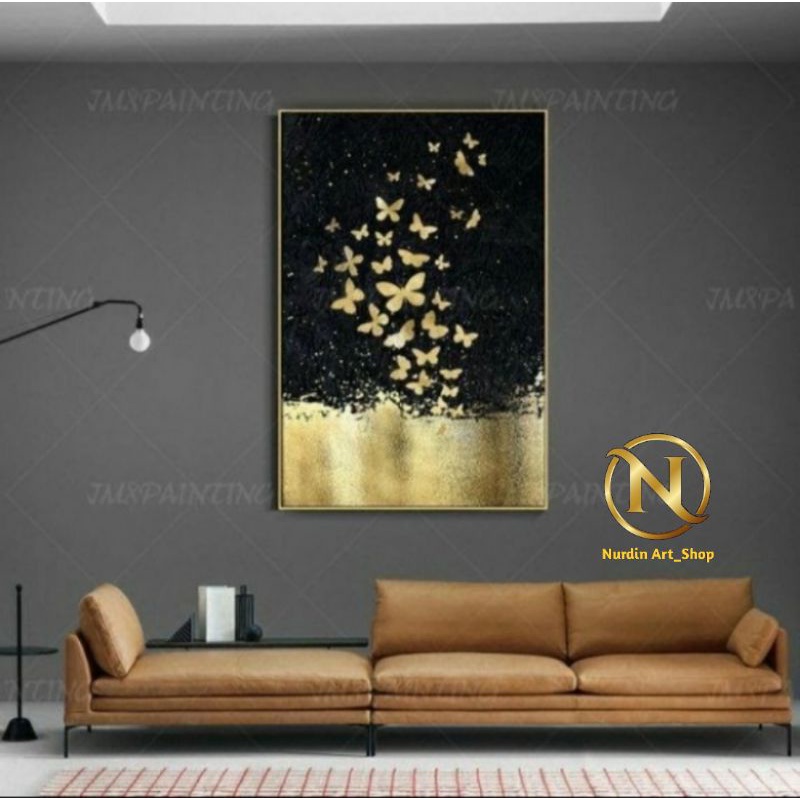 Lukisan modern Minimalis Batterfly Gold Plus Frame