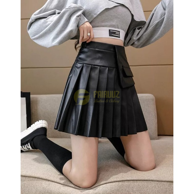 NEW UPDATE : Rok Kulit Rok Mini Kulit Model Tenis Girls Korean Highwaist Skirt Rok Serut Rok Lipit R