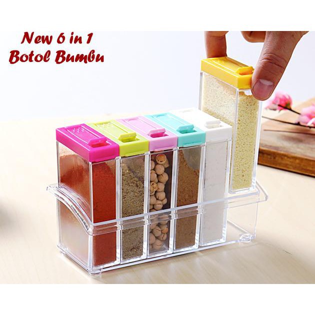 Tempat bumbu dapur 6 in 1 bentuk kotak free tatakan / tempat bumbu halus / bumbu tabur