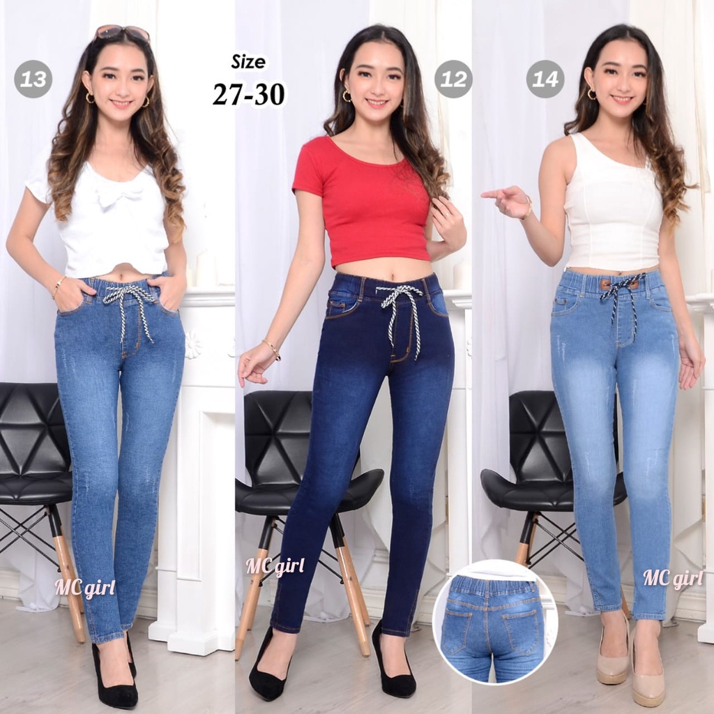 MC girl - Celana Jeans Panjang Pinggang Karet Tali Sobek Cakar Wanita / Celana Lepis Skinny Ripped