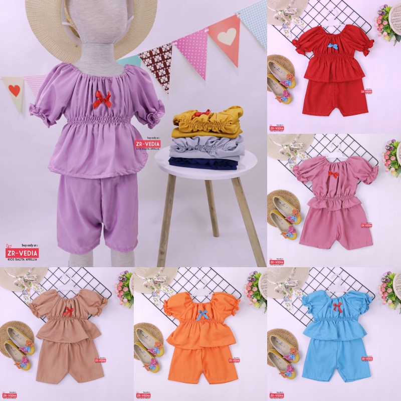 Neisya Set uk Bayi - 2 Tahun / Setelan Lengan Pendek Balon Celana Anak Perempuan Polos Atasan Import ZR Vedia
