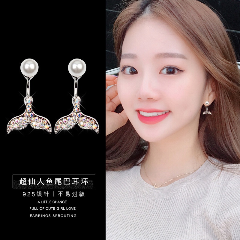 Ekor putri duyung anting-anting perempuan Korea temperamental mutiara stud anting-anting sederhana f