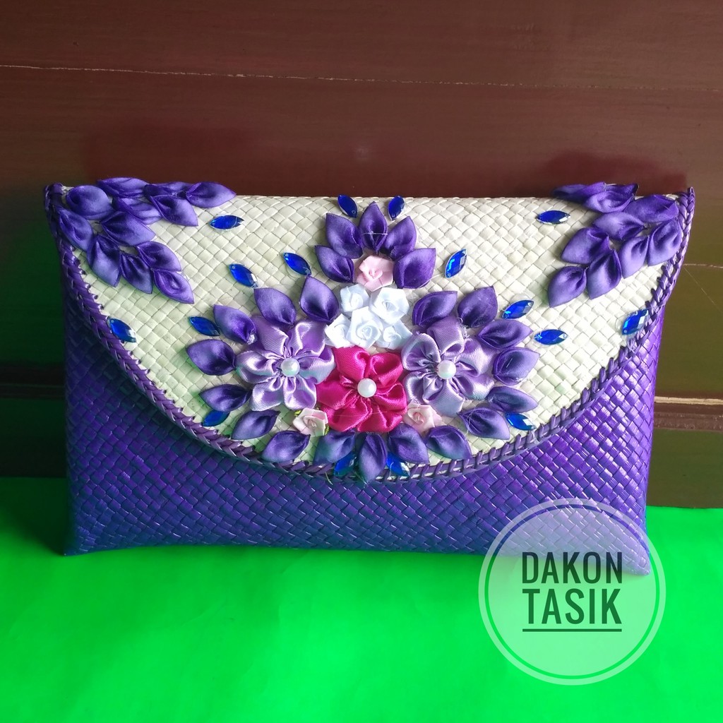 Clutch Pesta Motif Bunga Anyaman Pandan etnik /Cluth Bunga Full Kecil + Rantai