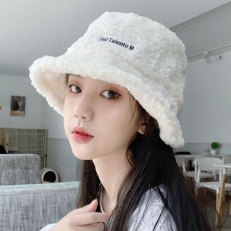 Topi Bucket Musim Dingin Bahan Wol Bulu Domba Hangat Gaya Korea Untuk Wanita