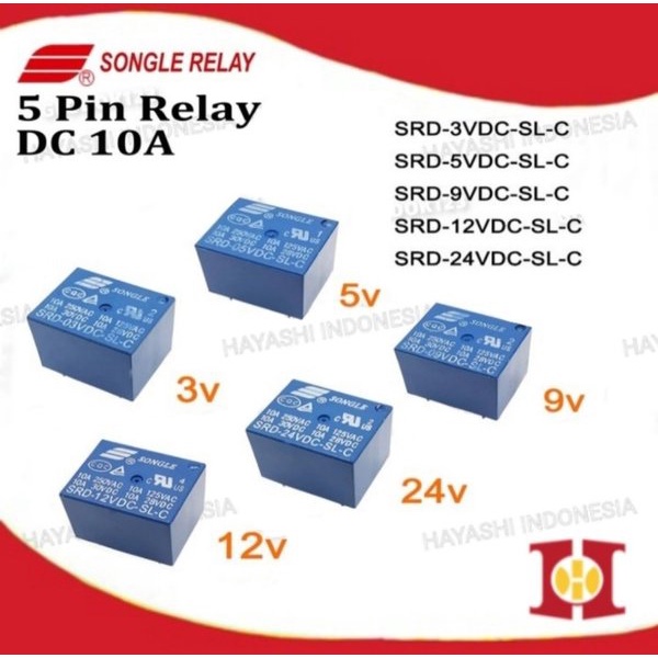 Relay PCB Songle DC 5V 5 Pin Kaki SRD-5VDC-SL-C T73 Arduino Original - 5pcs