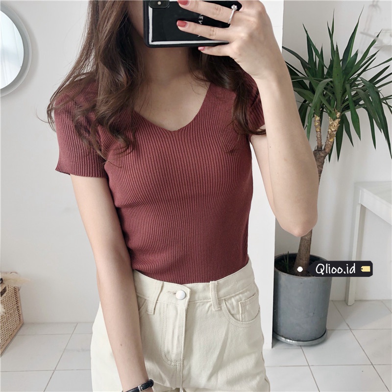 Kaos Rajut Wanita Basic Color Korean Style V neck Atasan Lengan Pendek Knit T-shirt