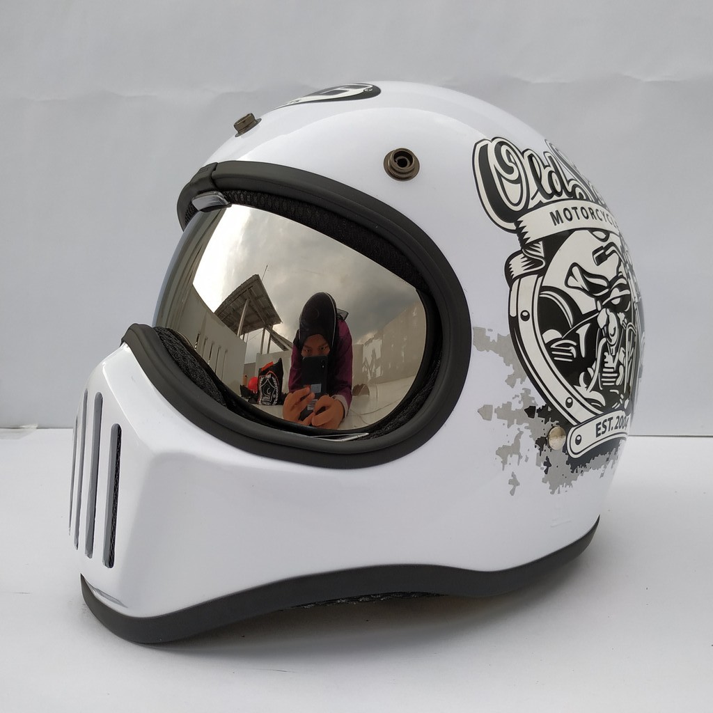 Helm Cakil HBC New Old School White + Inner Visor ( Fullface / Retro / Klasik / Vespa )