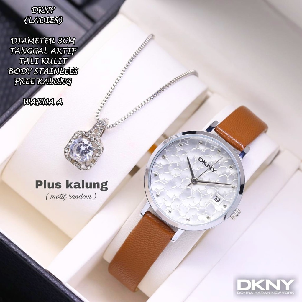 JAM TANGAN WANITA DKNY TALI KULIT BODY BULAT TANGGAL AKTIF FREE KALUNG