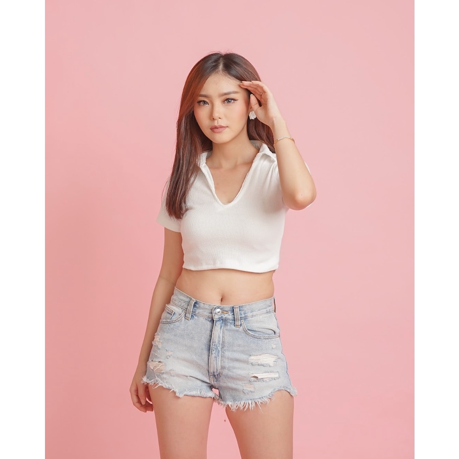 MODAVIE - SHARLENE Crop Top Korea Knit Sexy Korean Style Kaos Kerah Wanita Polo Shirt