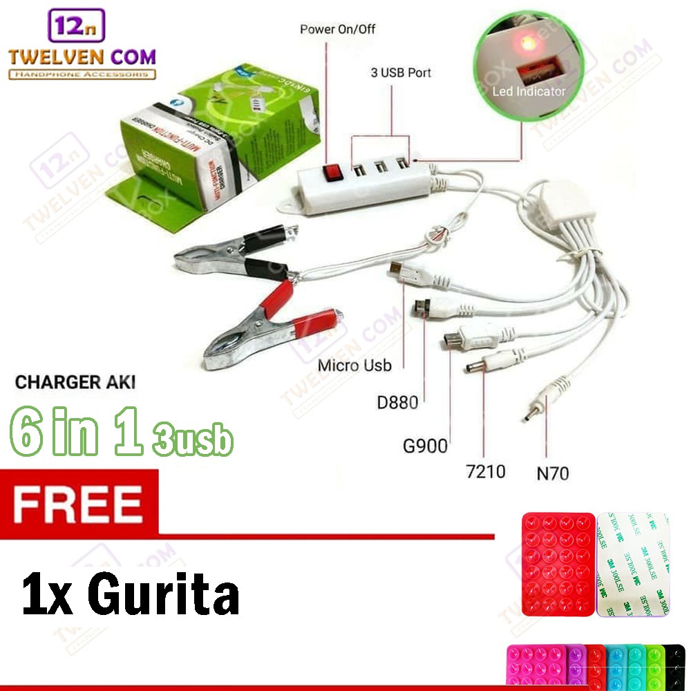 TC Aki accu 6IN1 3USB / Charger Aki accu Motor 6IN1 3USB + Free Gurita