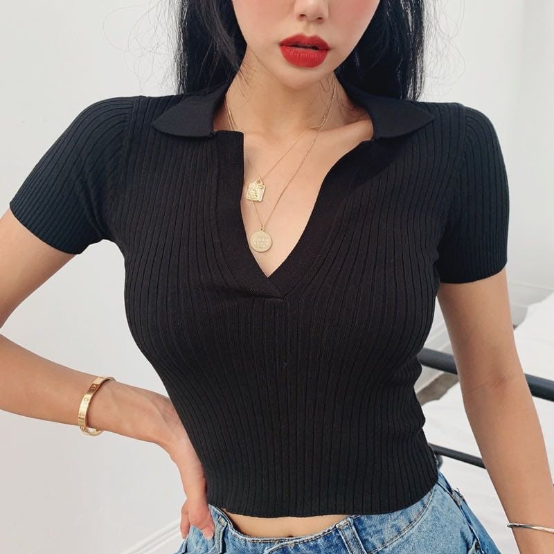 Korean Vneck Crop Top Blouse / Polo Shirt Atasan Wanita 2572