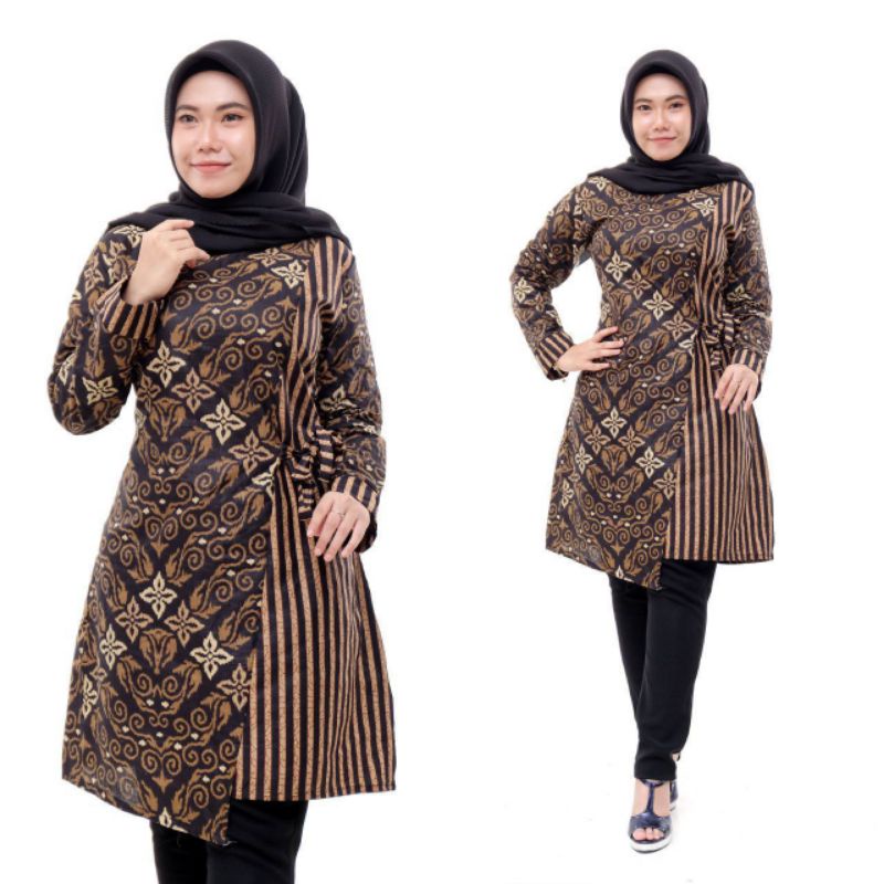 Tunik Batik Wanita Modern Terbaru JUMBO M L XL XXL Atasan Batik Wanita Seragam Murah-Bintang coklat