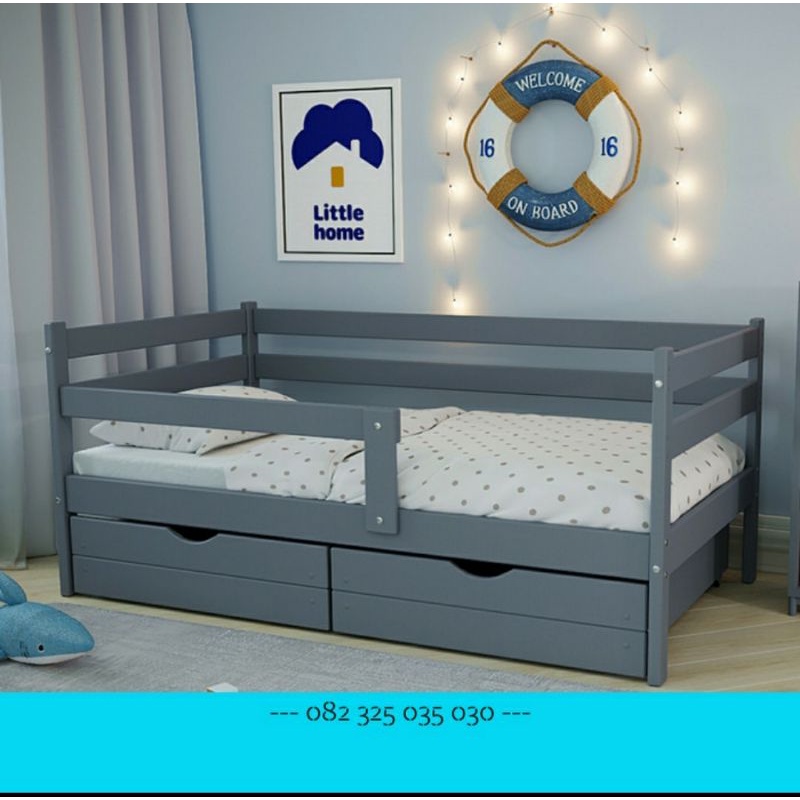 tempat tidur tingkat laci minimalis anak warna abu abu, kasur multifungsi laci baju anak laki laki