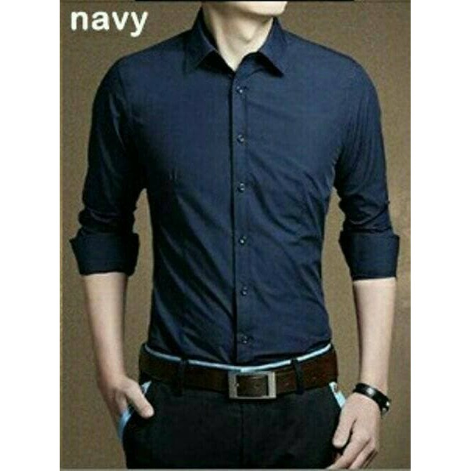 Kemeja Kerja Pria Slim Fit Polos Lengan Panjang Hem Cowok Polosan