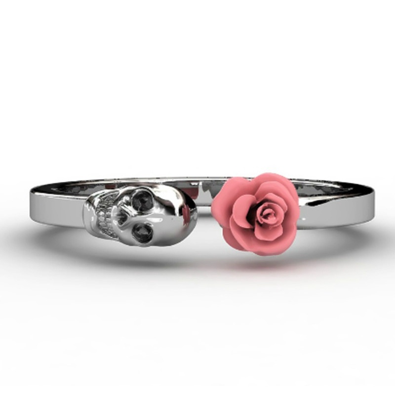 Cincin Bentuk Tengkorak Mawar Bahan Stainless Steel Gaya Punk Rock Vintage Untuk Wanita