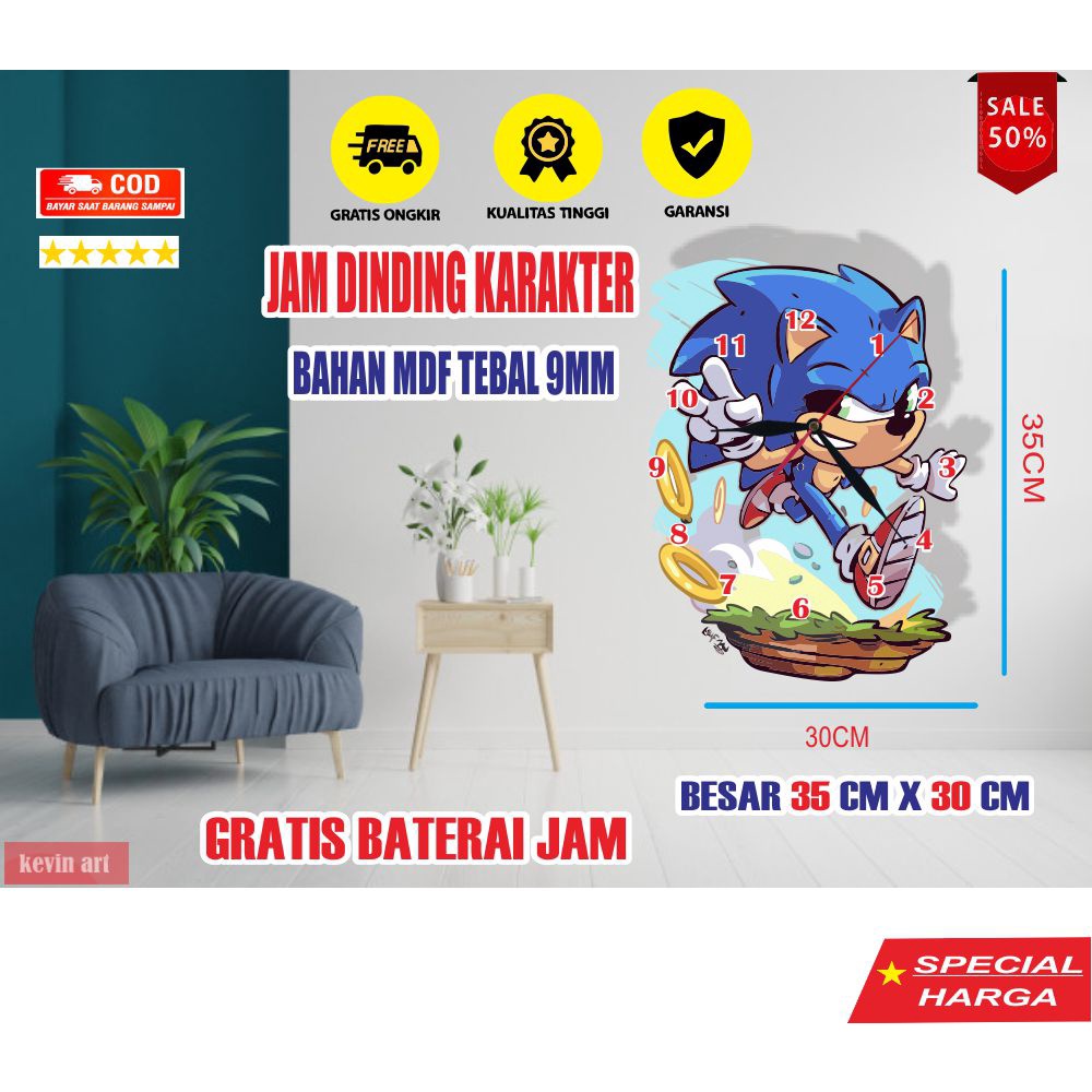 JAM DINDING KARAKTER SONIC UNIK BESAR KAYU VINTAGE SOUVENIR JAM CAFE Kevinart MINIMALIS MODERN MEWAH KEREN KOLEKSI ANIME