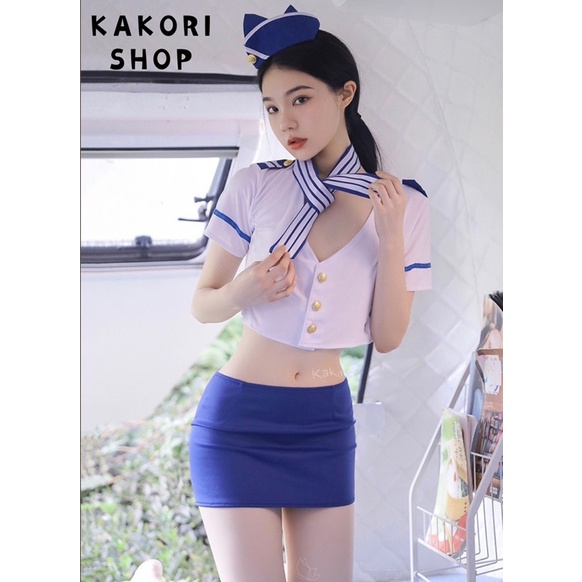 Mugari Set Cosplay Seragam Awak Kabin Pesawat Seksi Baju Dinas Peran Pramugari Nakal Lingerie Sexy F