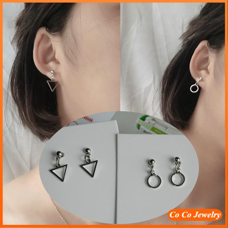 Anting Stud Bentuk Bulat Segitiga Geometris Warna Silver Gaya Korea Untuk Wanita