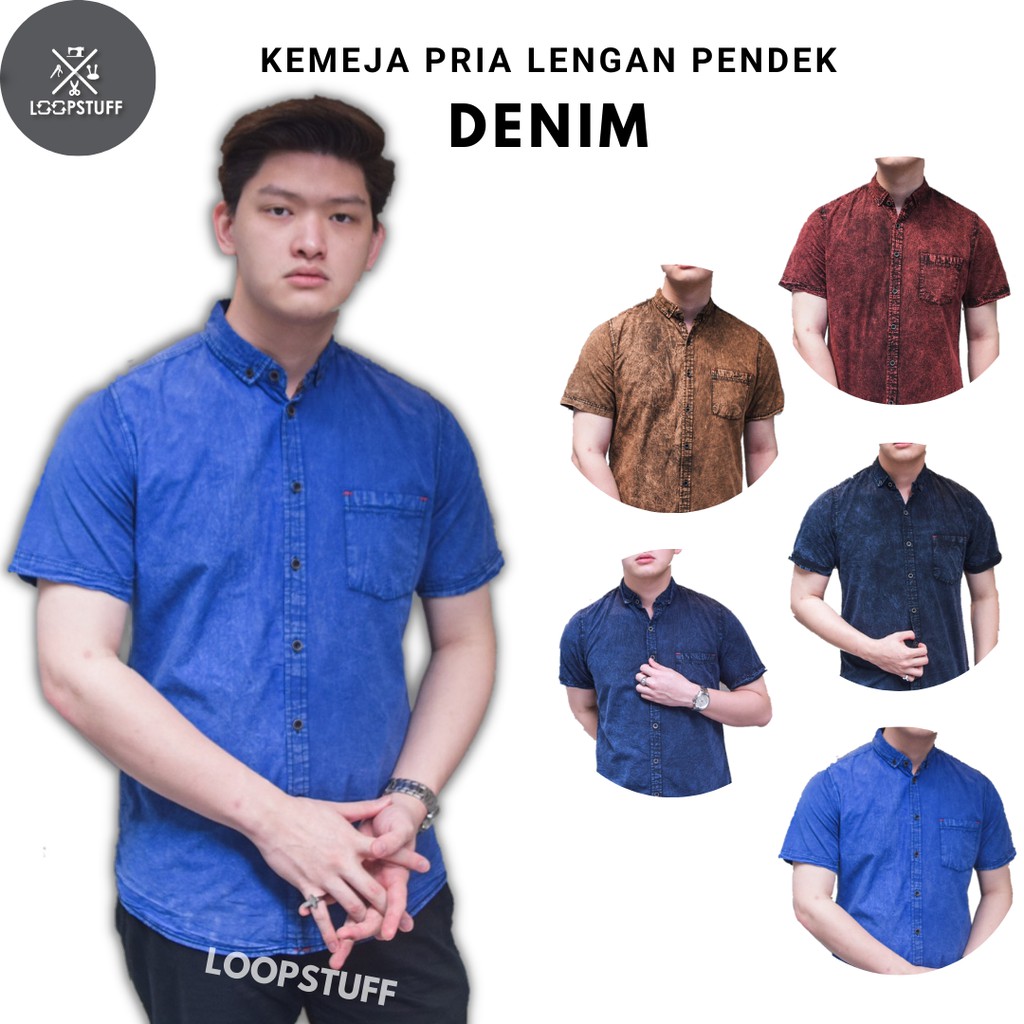 Kemeja Denim Pria Lengan Pendek Motif Abstrak / Baju Denim Cowok Pendek