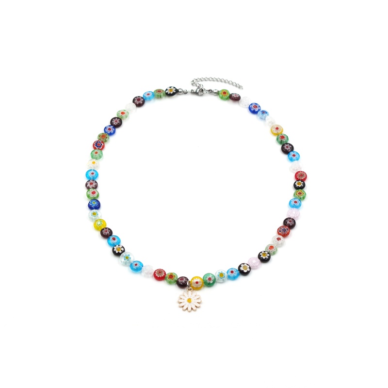 Colored Glass Daisy Beads Pearl Necklace Flower Pendant Necklace Clavicle Chain