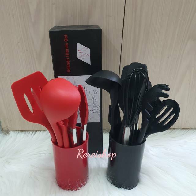 silicone kitchen cooking spatula utensil set 10 with holder / alat masak sutil spatula whisk tongs