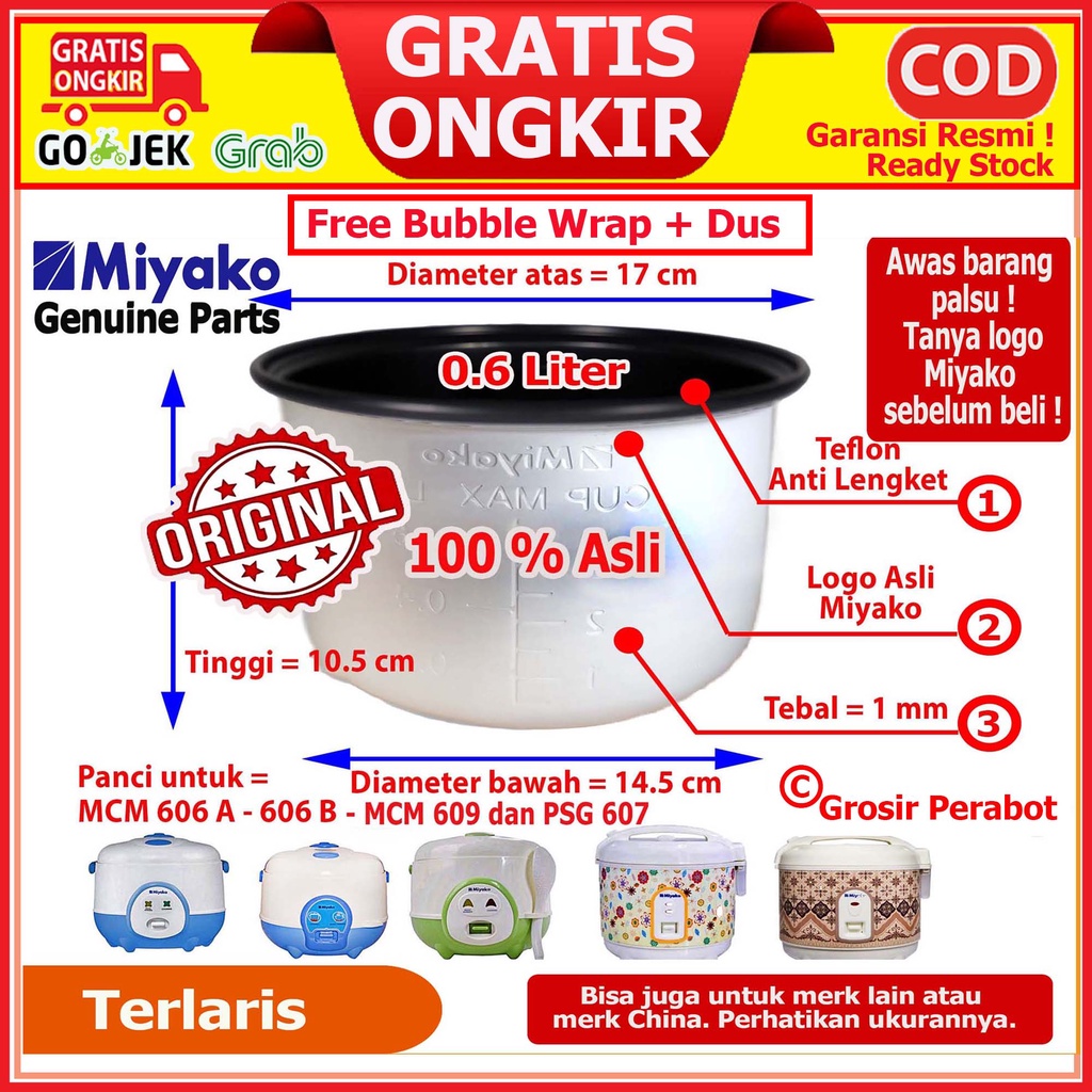 Panci Rice Cooker Magic Com Miyako 0.6 1.0 1.2 1.8 2.2 6 20 Liter Panci Magiccom Megicom Teflon Daleman Miyako 0.6 1.0 1.2 1.8 2.2 6 20 Liter Anti Lengket Original