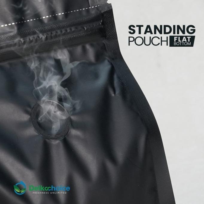 FLAT BOTTOM HITAM VALVE COFFEE BAG ZIPLOCK DELKOCHOICE PREMIUM