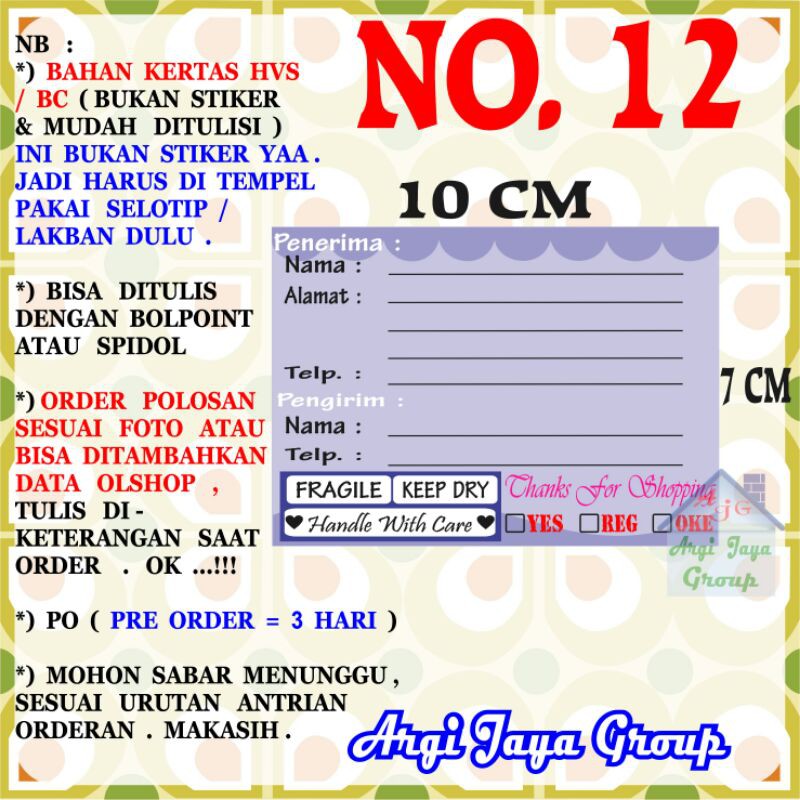 

Label Pengiriman Alamat Olshop Murah Nomer 12 - 10x7cm - Kertas BC (Manila)