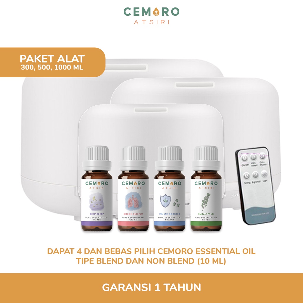 Paket Diffuser 300,500,1000 ml Free 4 Essential Oil 10 ml by CEMORO ATSIRI