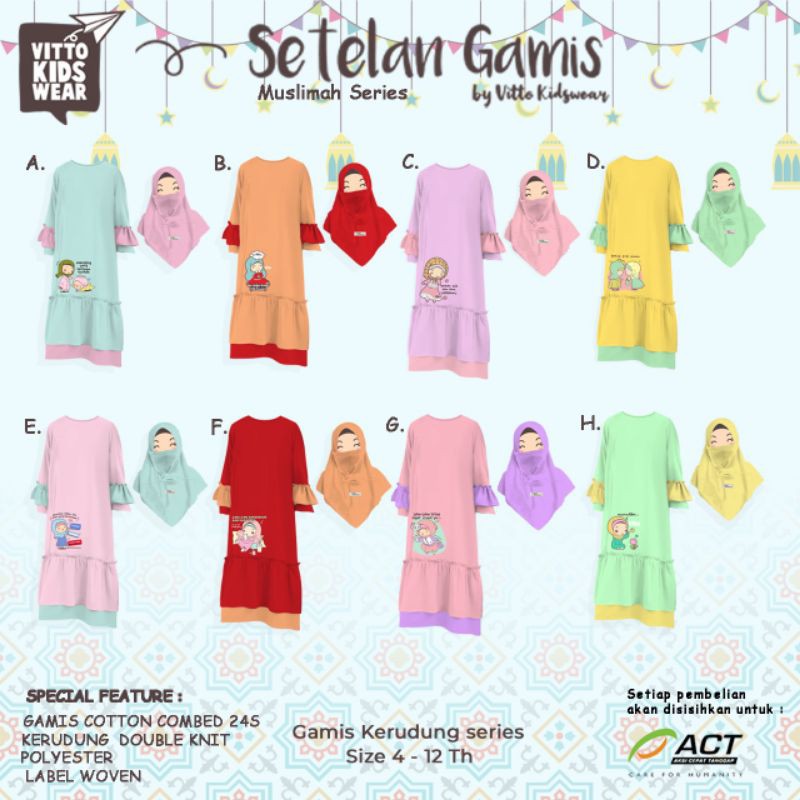 setelan gamis kerudung masker vitto kidswear