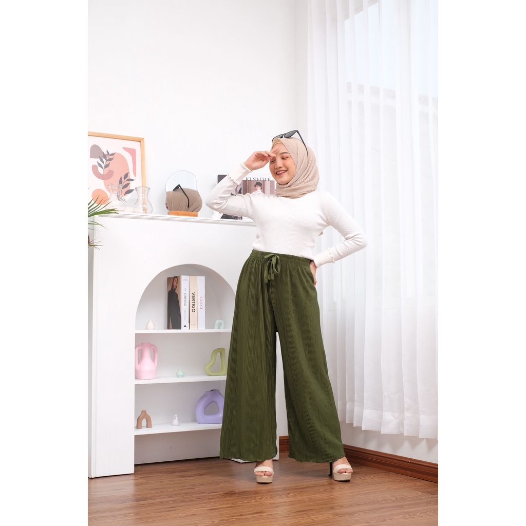[ 𝐂𝐫𝐨𝐜𝐮𝐬 ] Summer Highwaist Kulot Plisket lidi Ribbon Pleated Cullotes Celana Bawahan Wanita-Summer - ARMY