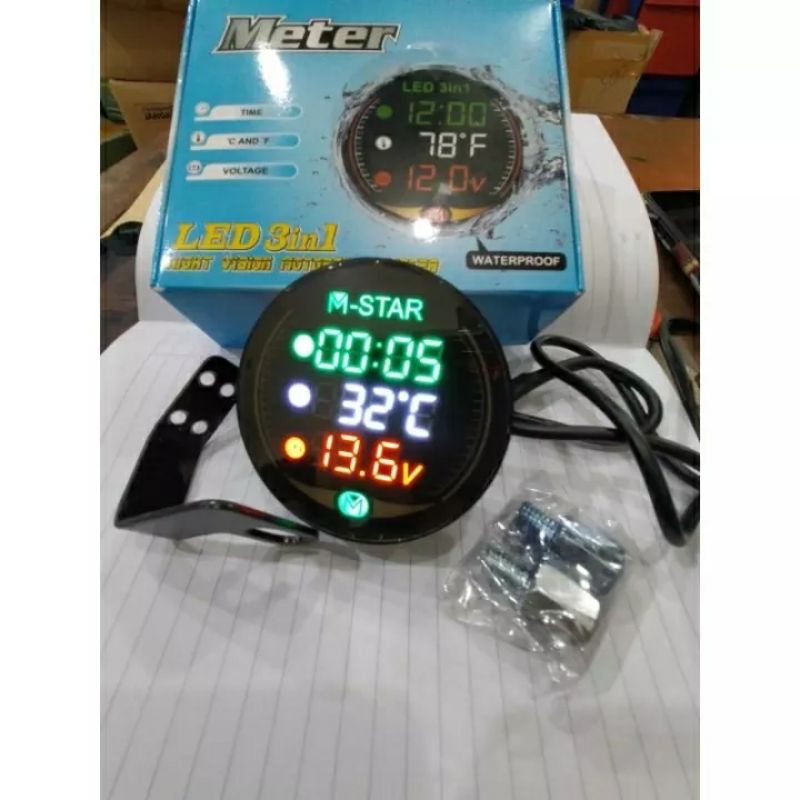 VOLTMETER DIGITAL BULAT 3IN1 PLUS BREKET SPION VOLTMETER PENGUKUR SUHU JAM DIGITAL INDIKATOR AKI New