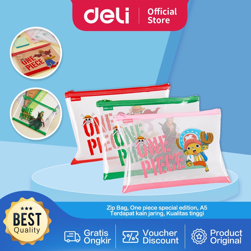 Deli One Piece School Zip Bag / Tempat Pensil Pouch Multifungsi One Piece Transparan A5 Anti Air Kualitas Tinggi EF710