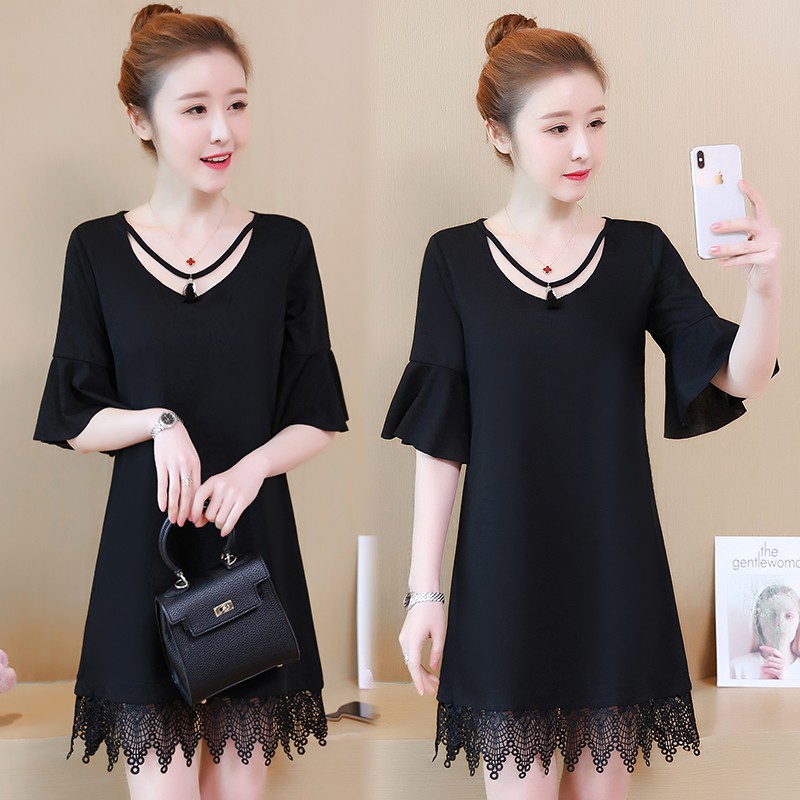 Dress Midi Gaya Korea Elegan Warna Hitam Ada Ukuran Besar 5XL untuk Wanita / Musim Panas