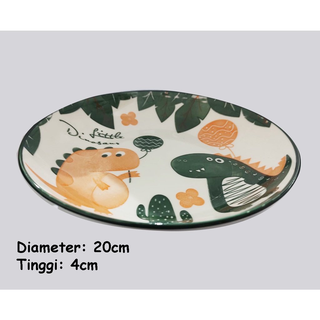 Piring Keramik Korea Motif Nanas/Strawberry/Pohon/Bunga Rose Pink Variasi 20cm-PRG DINO 2 -- 20CM