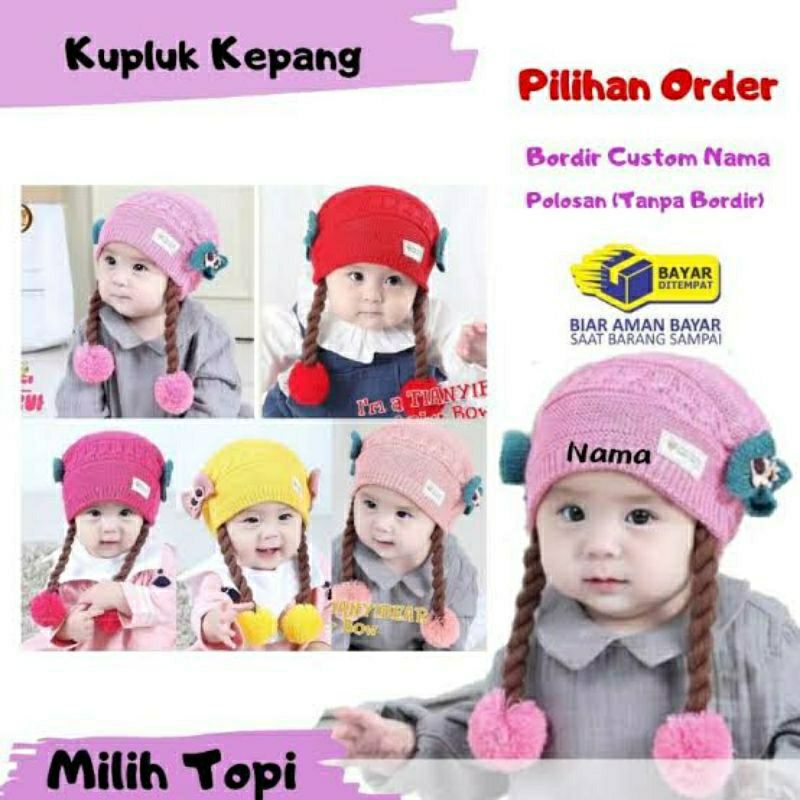 Topi Bayi Rambut Kepang wig murah Topi Rajut Kepang pompom  baby hat  kupluk bayi custom