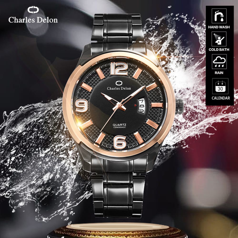 Jam Tangan Pria Watch Rantai Anti Air Tanggal Box Original Charles Delon CDM 5004 GC