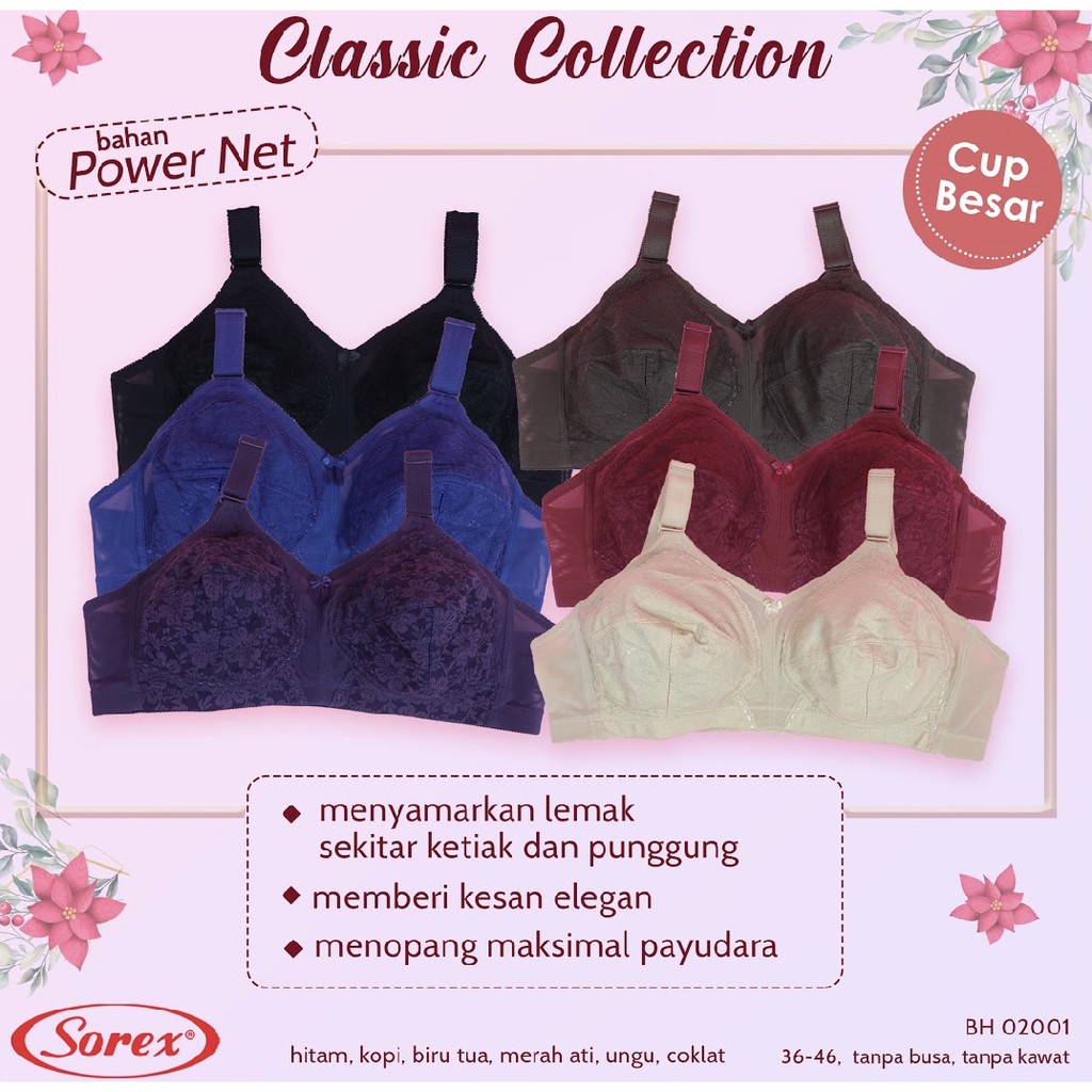 BRA SOREX CLASSIC BESAR TANPA KAWAT 02001 38 40 42 44 46 ( MODEL STRAITSISTER) BH TALI BESAR