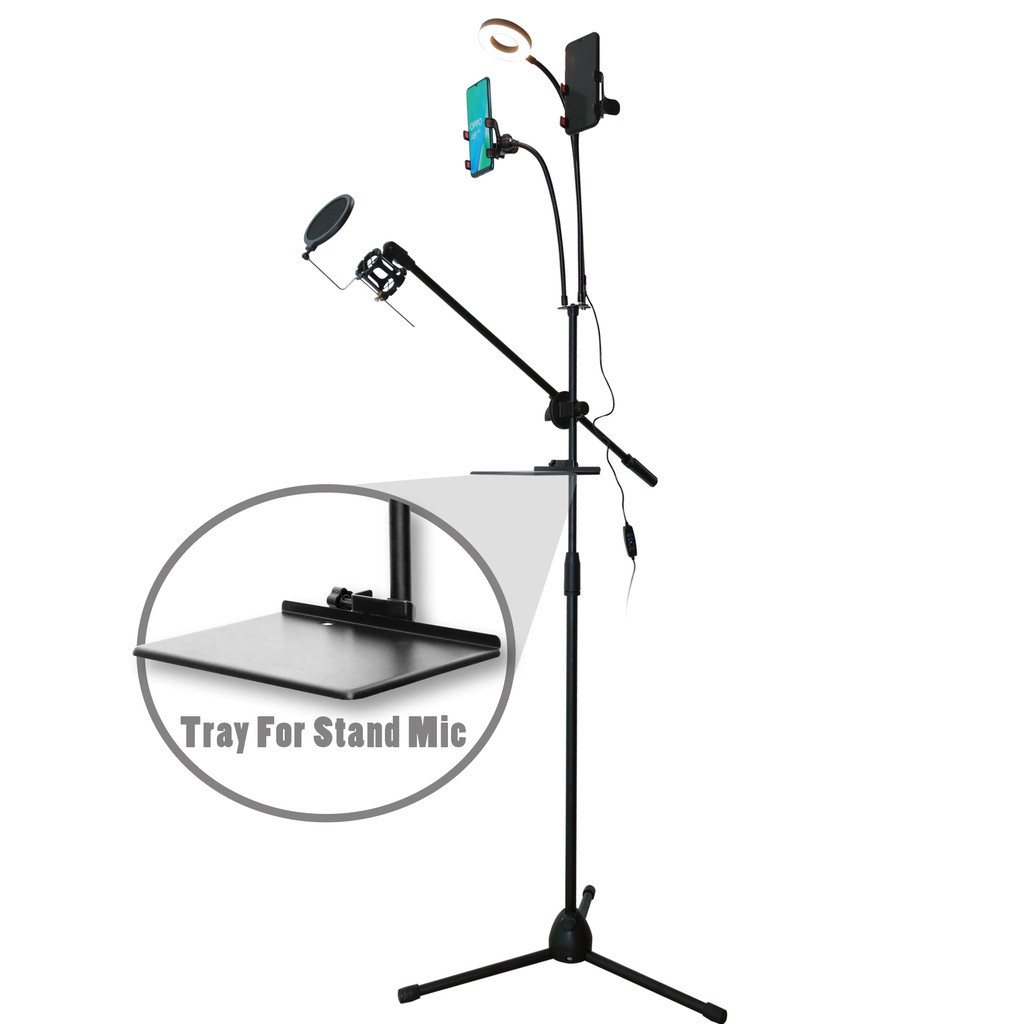 Kotacase-Mic Holder Full Set Pro Stand Holder Berdiri Microphone 1 &amp; 2 Holder HP LED Mic Standing Holder LED With Tray V8 Soundcard