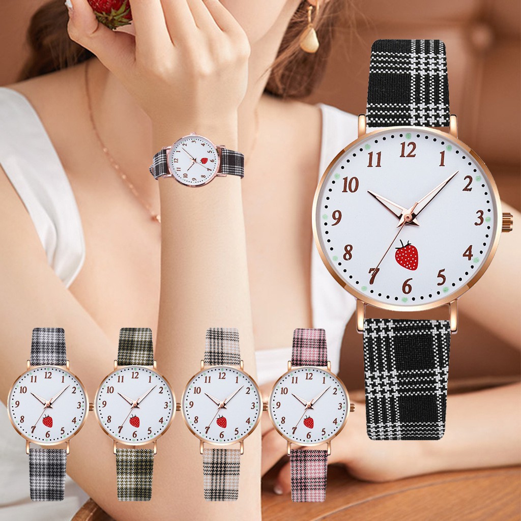 ✅COD [BBS] Jam Tangan Wanita Quartz Analog Motif Strawberry Tali Kotak Lucu Korean Fashion Import