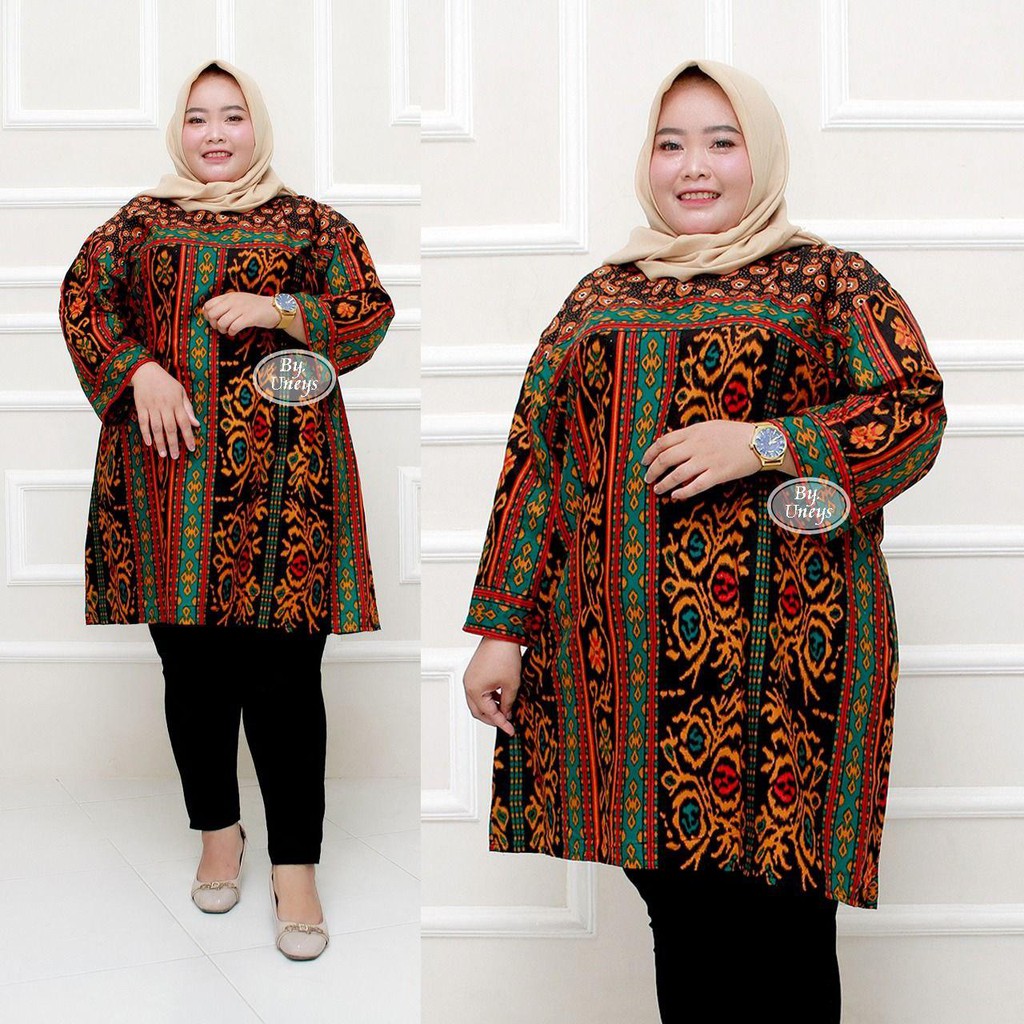 Tunik Batik Wanita Ukuran Jumbo LD 140cm Resleting Belakang Bahan Katun Adem Di Pakai Serap Keringat