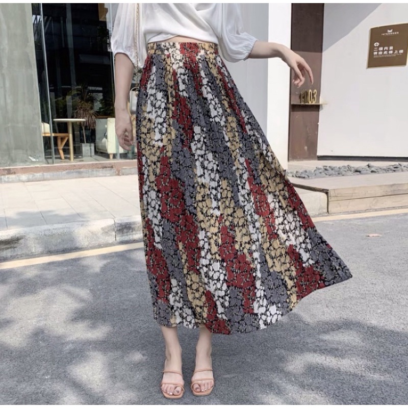 Rok Plisket Prisket Import / Rok Bunga / Maxi Skirt Motif Lucu Floral Bunga Vintage