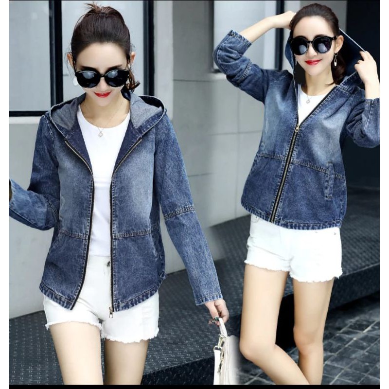 JAKET JEANS HOODIE WANITA RITSLETING DENGAN BORDIR