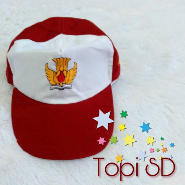 Topi Sekolah Anak SD Merah / Pramuka Bordir famatex halus pengatur karet / gesper adem murah