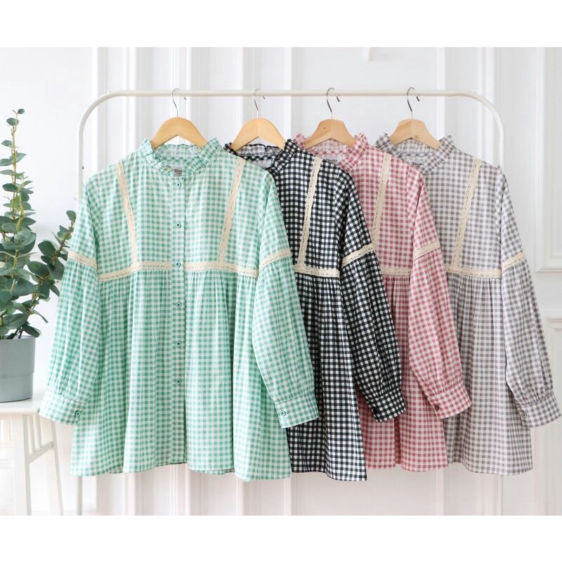 Blouse kotak renda ori by disiko exclusive grey abu pink kemeja cewek size m l xl bahan katun jepang