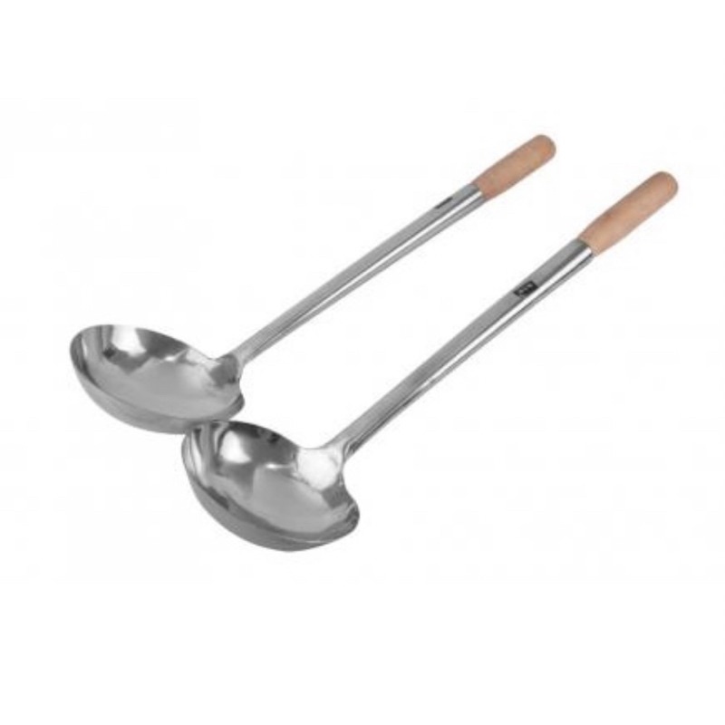 SENDOK SOP / CENTONG IRUS MASAK GAGANG KAYU PANJANG STAINLESS STEEL 38 CM HANDLE KAYU ANTI PANAS